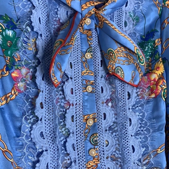 Dalia MacPhee pleated floral long sleeve midi dress powder blue print medium new - Picture 5 of 10